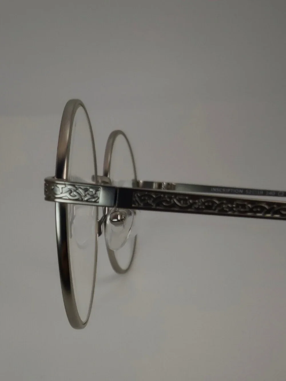 Inscription. Classic Round Silver Metal Glasses. Matsuda Type Decor Temple.